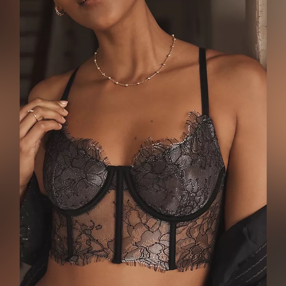 By Anthropologie Women's NWT Black Silver Lace Hourglass Corset Bra Size Medium